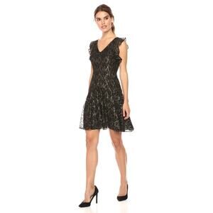 TOMMY HILFIGER Mini Dress, 10, Black Lace Gold Metallic Fit+Flare Flutter Sleeve
